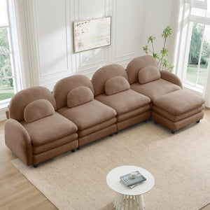 English Elm Teddy Fleece Curved Modular Sectional Sofa with Ottoman Four Seat Cloud Comfort Camel W5656S00108