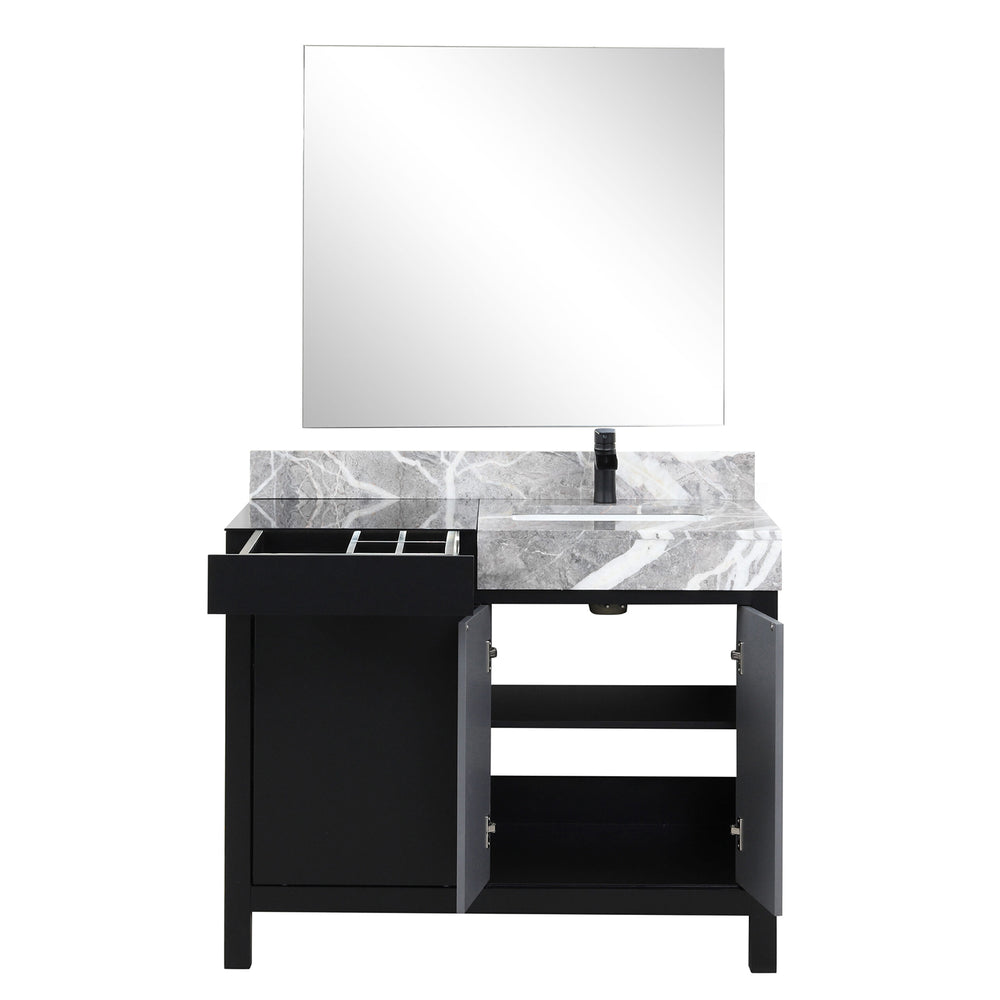 English Elm Black Bath Vanity Set With Castle Grey Marble Top, Matte Black Faucet & 34" Mirror For Modern Style B2731S01352