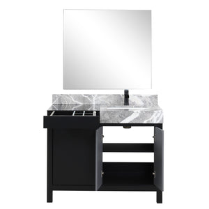 English Elm Black Bath Vanity Set With Castle Grey Marble Top, Matte Black Faucet & 34" Mirror For Modern Style B2731S01352
