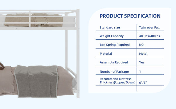 English Elm Metal Twin Over Twin Bunk Bed Heavy-Duty Sturdy Steel Frame with Noise-Reducing Slats & Guardrail White W1935P235016
