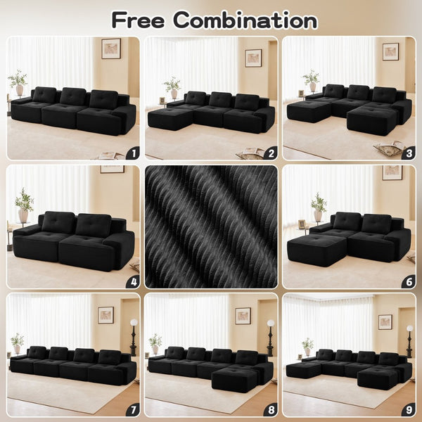 English Elm Modern Corduroy U-shaped Sectional with Tufted Cushions Deep Seat and Movable Ottomans Black W714S01791