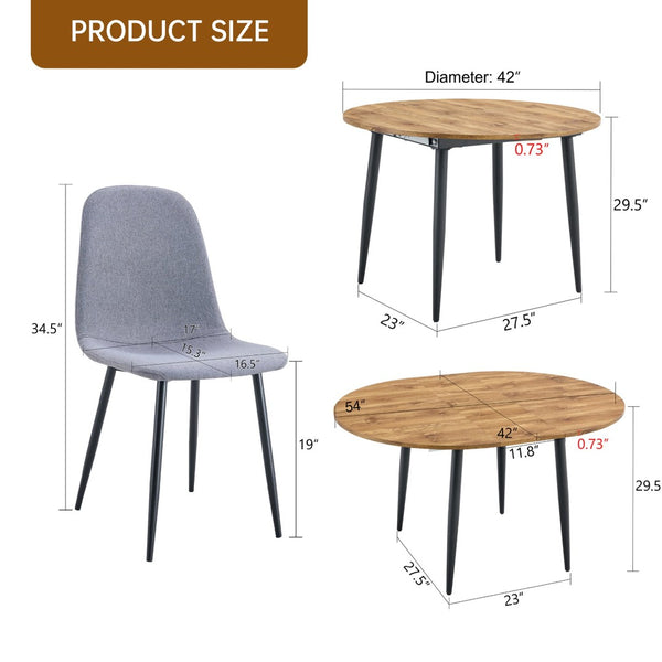 English Elm Table Extendable Round-To-Oval Mdf Dining Set With 4 Light Gray Linen-Cotton Chairs For Gatherings W1151S04142-GIGA