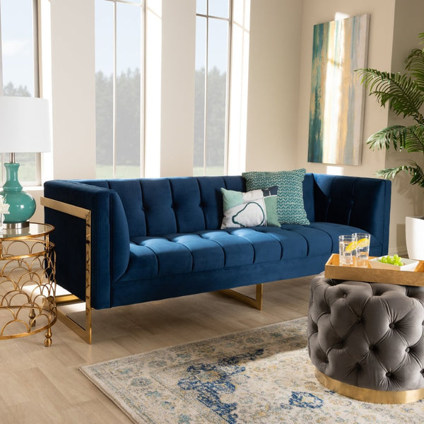 Baxton Studio Baxton Studio Ambra Glam Royal Blue Velvet Sofa with Gold Frame - Luxe Button Tufted Design TSF-5507-Navy/Gold-SF