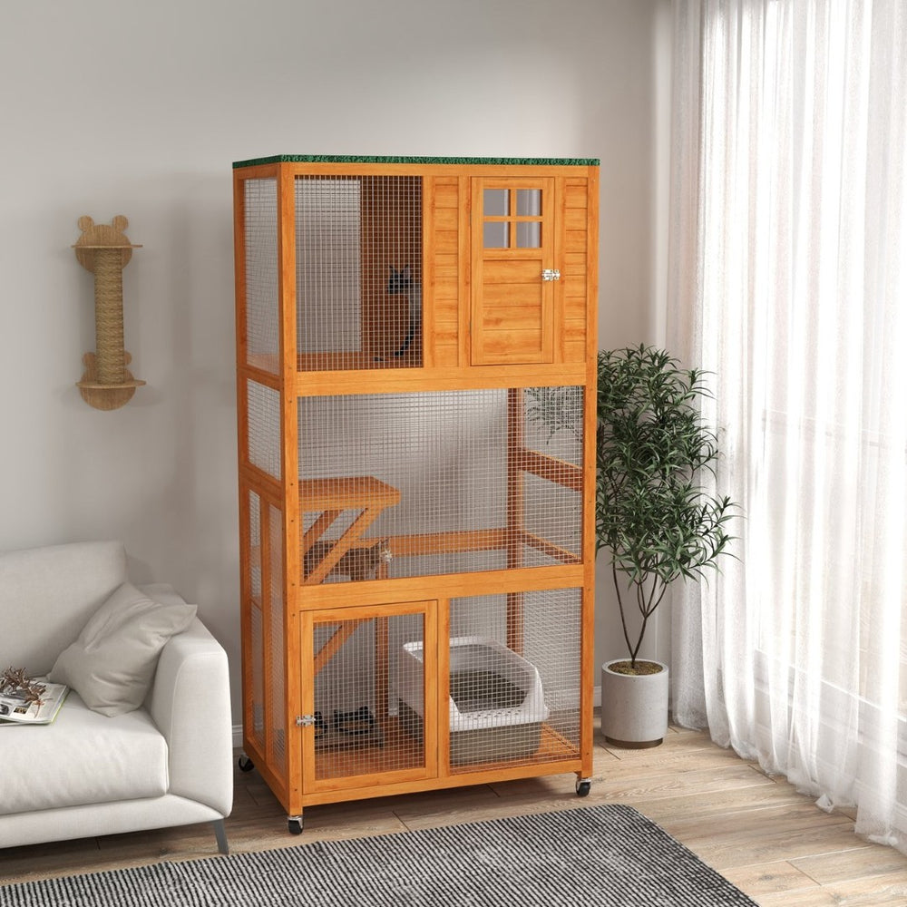 English Elm Pawhut Wooden Catio Outdoor Cat Enclosure with Wheels Weatherproof Asphalt Roof W2225P173770