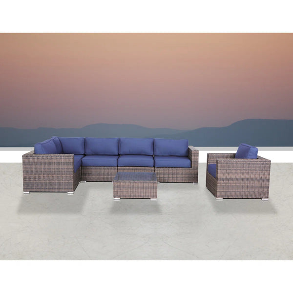 English Elm Luxury 7-Piece Assembled Rattan Patio Sectional with Navy Cushions, HDPE Wicker, Aluminum Frame, Ready-to-Use B120S00215