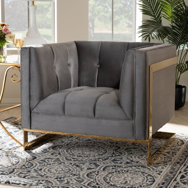 Baxton Studio Baxton Studio Ambra Luxe Grey Velvet Armchair with Gold Frame - Glamorous Comfort for Any Space TSF-5507-Grey/Gold-CC