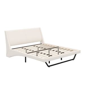 English Elm Queen Pu Leather Platform Bed Sculptural Wave Base Floating Silhouette Modern Bedroom White N761S0000032W