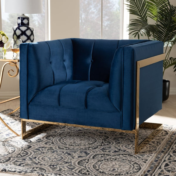 Baxton Studio Baxton Studio Ambra Luxe Royal Blue Velvet Armchair with Gold Frame - Glamorous Comfort & Style TSF-5507-Navy/Gold-CC