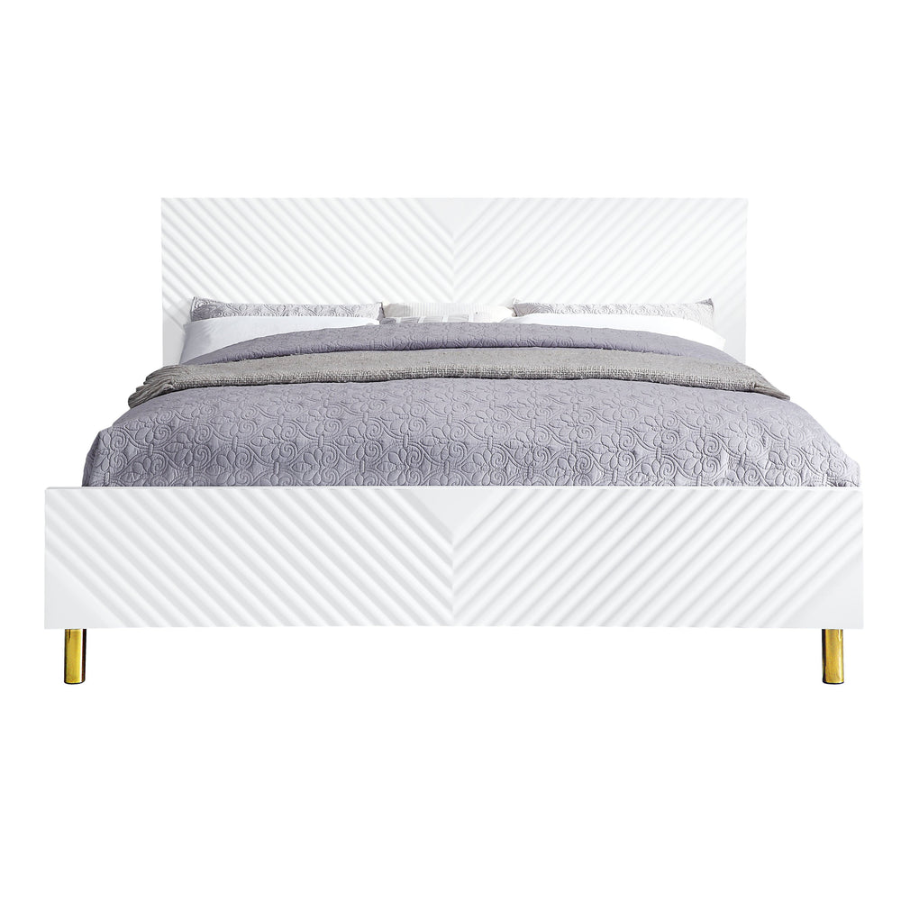 English Elm Gaines High Gloss Finish EK Bed Frame with Wave Pattern Design, 39 Slats, 660lb Capacity, KD Structure White 86 L x 19 W x 7 H B2726S00418