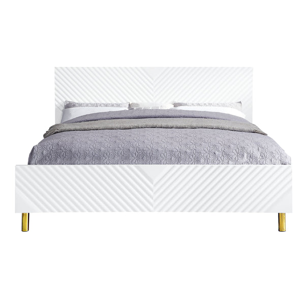 English Elm Gaines High Gloss Finish EK Bed Frame with Wave Pattern Design, 39 Slats, 660lb Capacity, KD Structure White 86 L x 19 W x 7 H B2726S00418