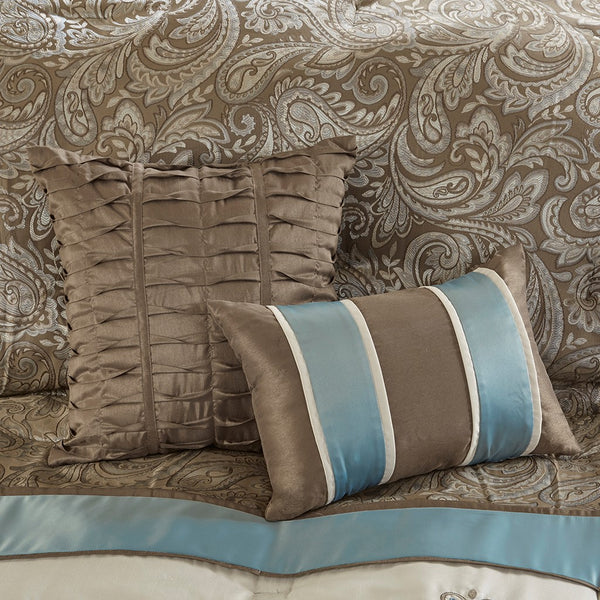 English Elm Jacquard Madison Park Caroline 7-Piece Comforter Set Cal King - Blue Paisley Jacquard, Embroidered Medallions, Brown Piping B03596990