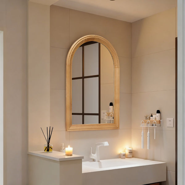 English Elm Arched Oak Wood Wall Mirror Farmhouse Vanity Accent with Distortion Free Glass W2295P414110