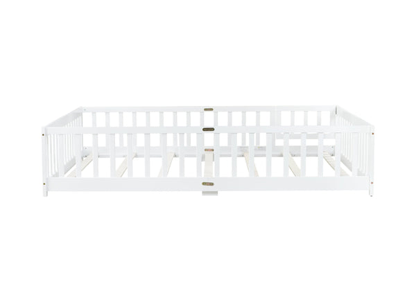 English Elm Queen Floor Bed with Safety Fence and Guardrails, Rubberwood Low Profile Platform for Kids White W504P286387