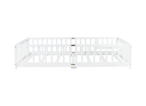 English Elm Queen Rubber Wood Floor Bed with Full Perimeter Safety Fence and Hinged Access Door White W504P429340