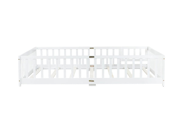 English Elm Queen Rubber Wood Floor Bed with Full Perimeter Safety Fence and Hinged Access Door White W504P429340