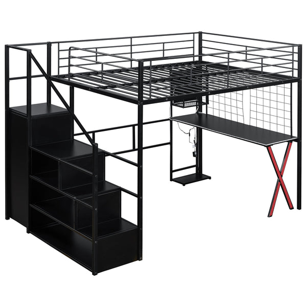 English Elm Full Full Size Metal Loft Bed with Built-In Desk, Wardrobe & Stair Storage, LED Lights, Space-Saving Black GX000663AAB