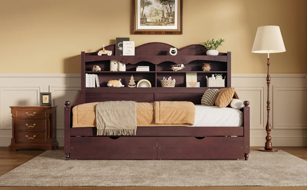 English Elm Twin Daybed Retro Wood Frame with Under Bed Drawers and Headboard Shelving Espresso N733S415358P