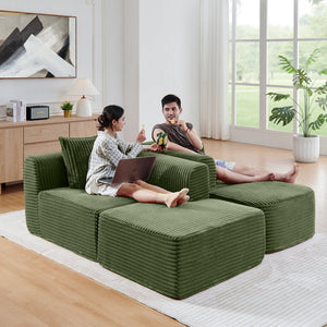 English Elm 114" Cloud Sectional Couch with L-Shape Chaise Modular Corduroy Sofa with Movable Ottoman, No Assembly Required, Plush Comfort for Living Spaces Green W1117P371655