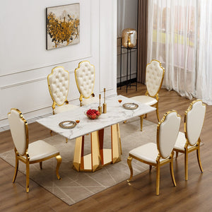 English Elm Marble Dining Table For 6-8, 70'' Rectangle Faux Marble Design With Elegant Gold Stainless Steel Base W3456S00011