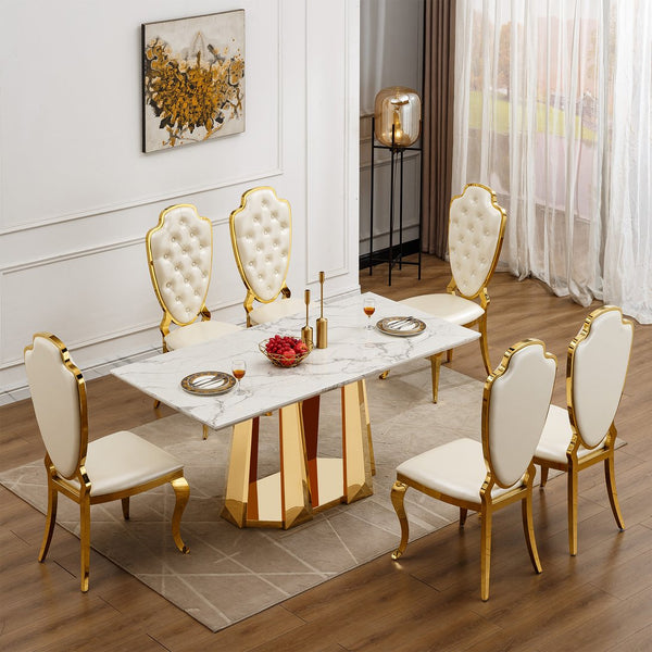 English Elm Marble Dining Table For 6-8, 70'' Rectangle Faux Marble Design With Elegant Gold Stainless Steel Base W3456S00011