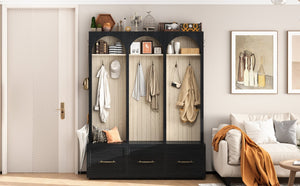 English Elm Farmhouse Hall Tree with Arched Panels Bench Drawers and Hooks for Mudroom Entryway Black W5271S00005