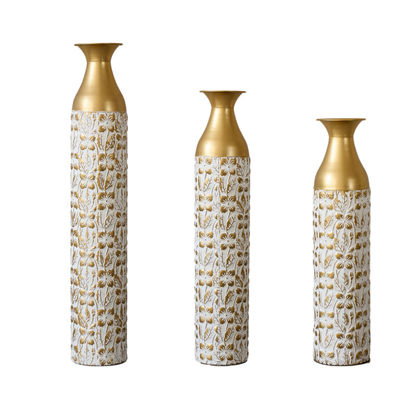 English Elm Mother's Gilded White 3D Relief Flower Metal Vase Set - Elegant Tall Cylinder Décor Trio, Gold Embossed Finish W2796P277632