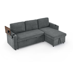 English Elm Modern Chenille Pull-Out Bed Sofa With Table, Led Lights, Usb Ports & Cup Holders - Gray Cozy Comfort W1413S00096
