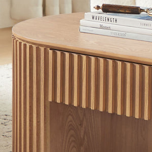 English Elm 51.18'' Oval Mdf Coffee Table with Hidden Drawer Mid-century Pedestal Base Oak W876P370282