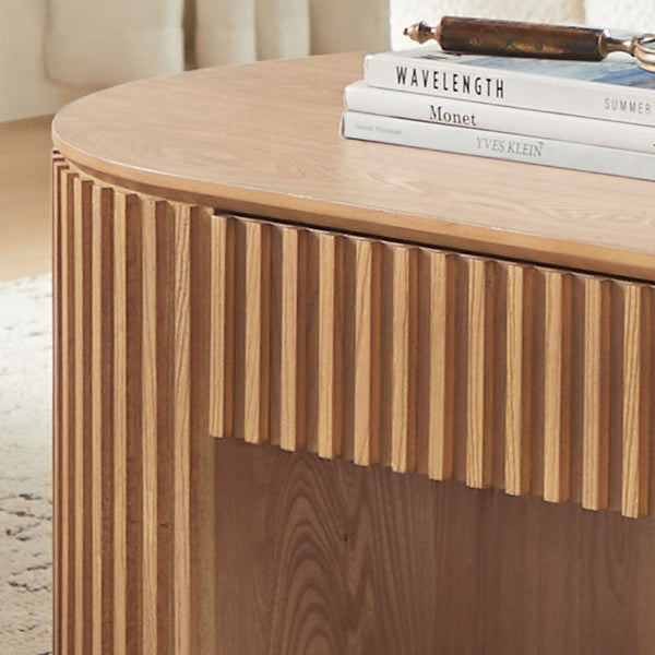 English Elm 51.18'' Oval Mdf Coffee Table with Hidden Drawer Mid-century Pedestal Base Oak W876P370282