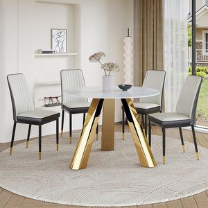 English Elm A 42-inch round dining set with stone top table and gold-plated stainless legs plus four PU chairs Gold 31 L x 19.5 W x 17.5 H W1512S00133
