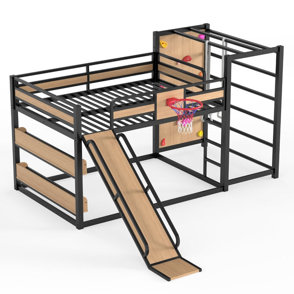 English Elm Twin Metal Loft Bed with Slide Basketball Hoop Climbing Wall and Built-in Shelves W1580S00632