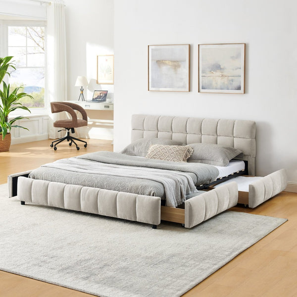 English Elm Queen Chenille Upholstered Platform Bed with Storage Drawers and Padded Headboard Beige W487P235287