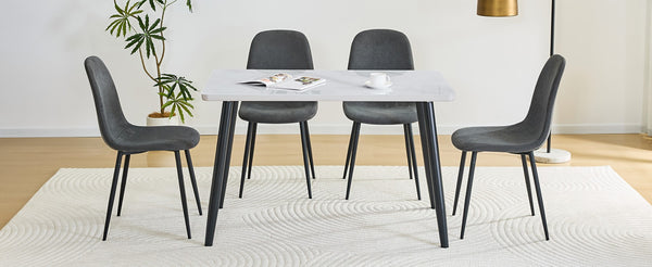 English Elm Table and Chair Set Marble Glass Top with Charcoal Linen Seats for Modern Dining W1151S04665