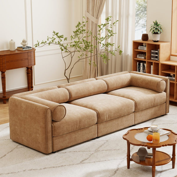 English Elm Elegant Camel Chenille Sofa - Contemporary 3-Seater With Hidden Storage, Ergonomic Design & Style W714S01227