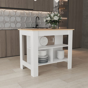 English Elm Island Kitchen Island With 3 Open Shelves, White & Light Pine Finish – Farmhouse Style & Storage B097P250891