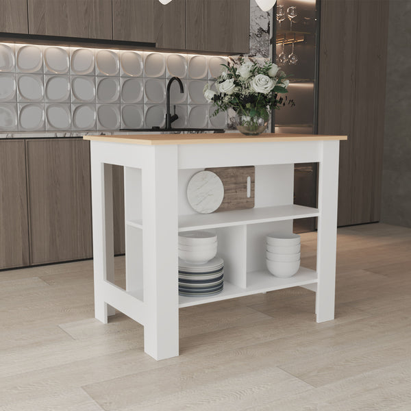 English Elm Island Kitchen Island With 3 Open Shelves, White & Light Pine Finish – Farmhouse Style & Storage B097P250891