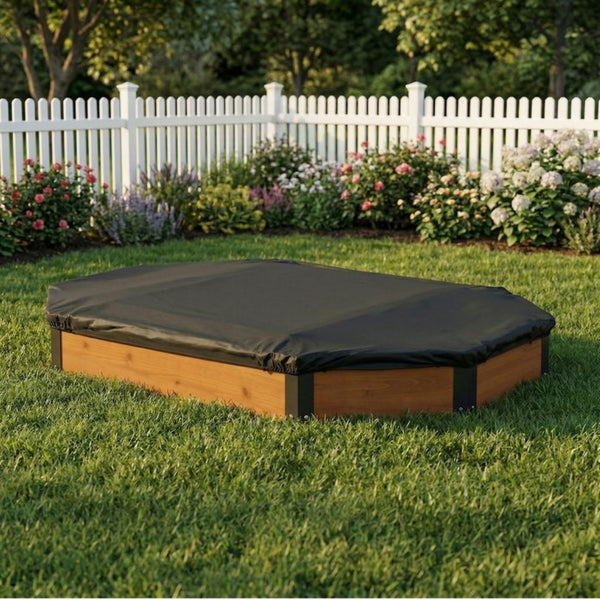 English Elm Octagon Solid Wood Sandbox with Built-in Bench Seating Cover and Liner for Backyard Play Reddish Brown W2640P470151