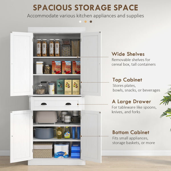 English Elm Homcom 72.5" White Wood Grain Kitchen Pantry Cabinet – Stylish Storage With 4 Doors, Drawer & Adjustable Shelves W2225P200697