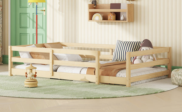 English Elm Twin Pine Montessori Floor Bed for Kids with Safety Fence, Low Profile Twin Frame, Natural Finish W1820P331919