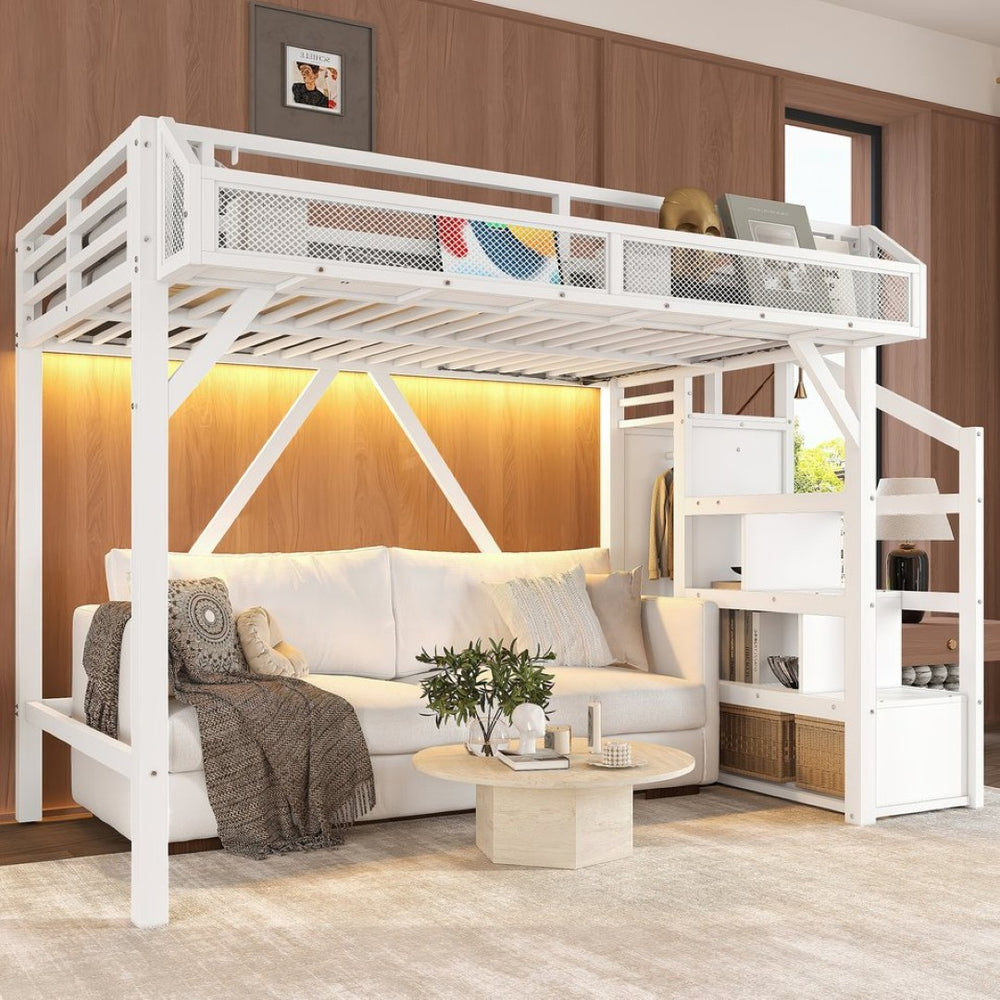 English Elm Full Xl Over Twin Triple Metal Bunk Bed with Storage Stairs and Shelves Black White W1580S00408