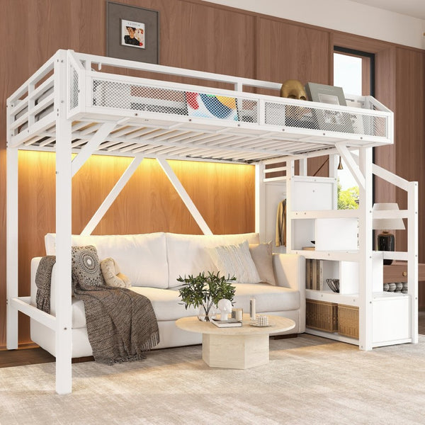 English Elm Full Xl Over Twin Triple Metal Bunk Bed with Storage Stairs and Shelves Black White W1580S00408