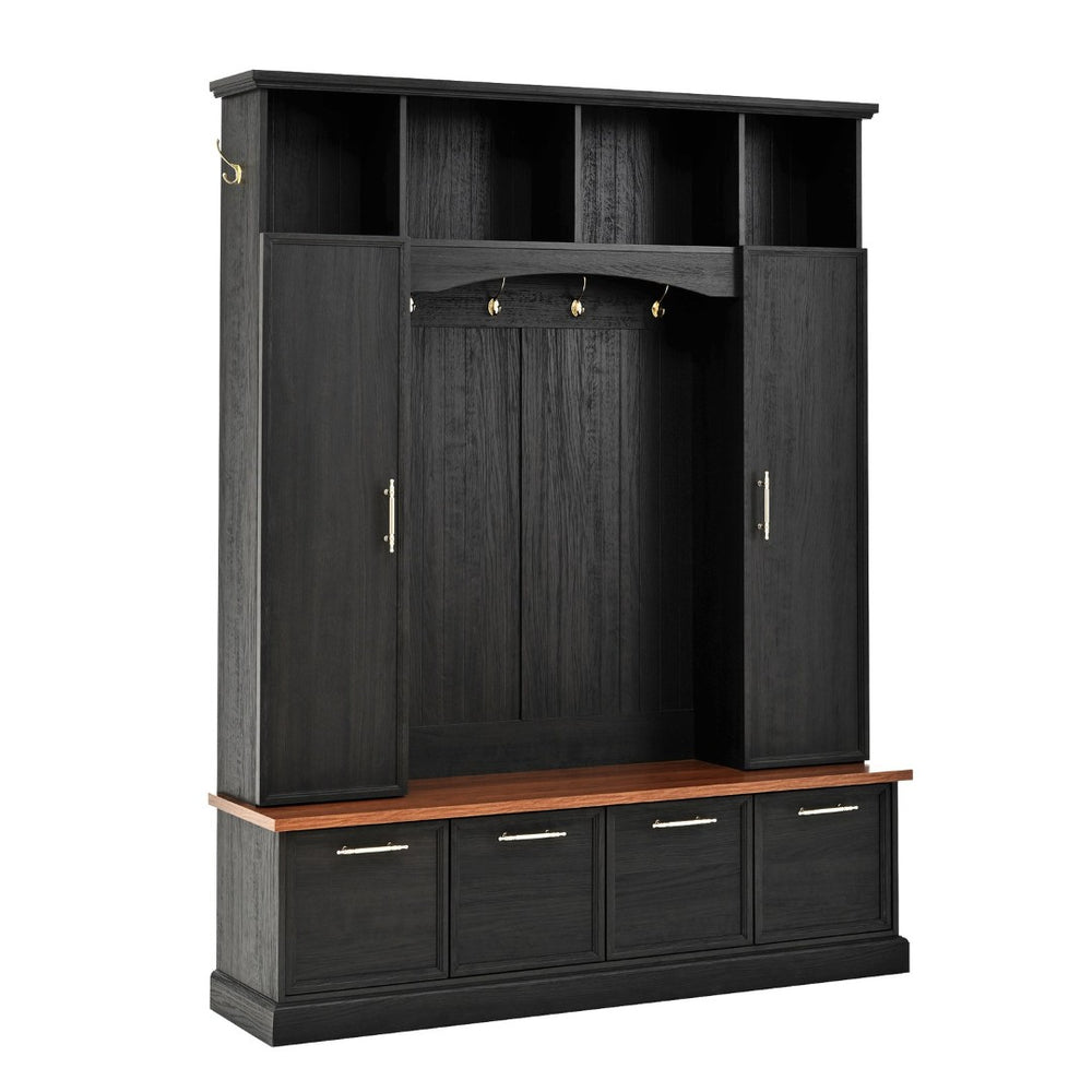English Elm Hall Tree with Cabinet Storage Bench Gold Hooks Modern Farmhouse Entryway Organizer N721P313980B