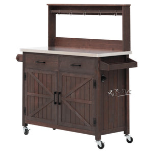 English Elm K&k Solid Fir Grill Cart Stainless Steel Top Outdoor Kitchen Station with Locking Wheels Brown N707P409087Z
