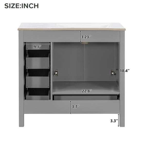English Elm 36" Gray Bathroom Vanity with Ceramic Sink, 5 Drawers & Soft-Close Doors, Solid Wood Modern Storage N729P183735E