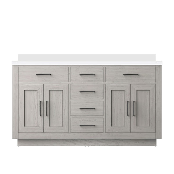 English Elm White Oak Double Bath Vanity 60" W With Stunning White Quartz Top - Durable, Stylish & Easy Install B2731P257758-GIGA
