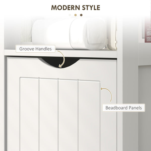 English Elm Bathroom Slim Floor Cabinet Tall White Beadboard Storage for Narrow Spaces T3971P430695