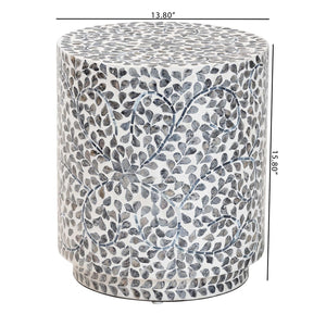 English Elm Coastal Capiz Shell Mosaic Round Footstool Iridescent Floral Pedestal Accent Piece B2750P420419
