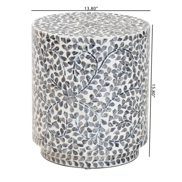 English Elm Coastal Capiz Shell Mosaic Round Footstool Iridescent Floral Pedestal Accent Piece B2750P420419