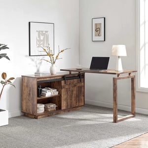English Elm Desk L-Shaped Workstation With Storage Credenza & Sliding Barn Door - Rustic Charm For Home Office B107S00004