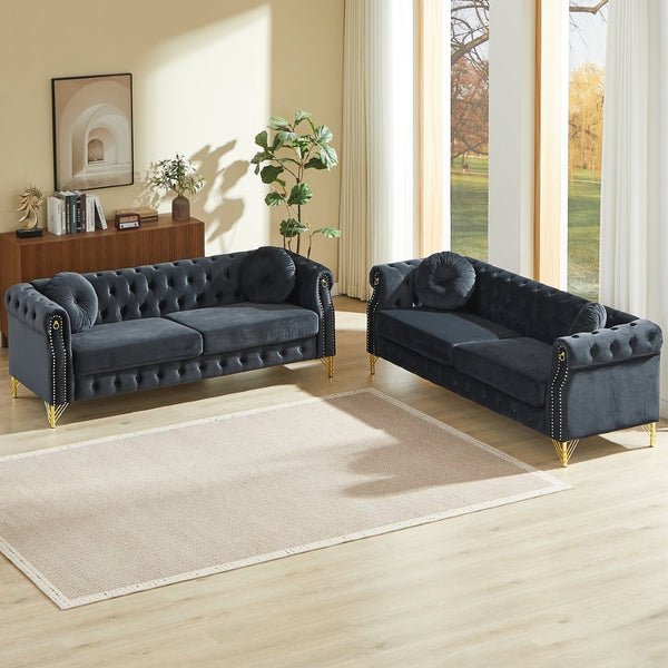 English Elm Velvet Chesterfield Tufted Sofa with Copper Stud Trim and Gold Legs for Glam Living Black W834S00625